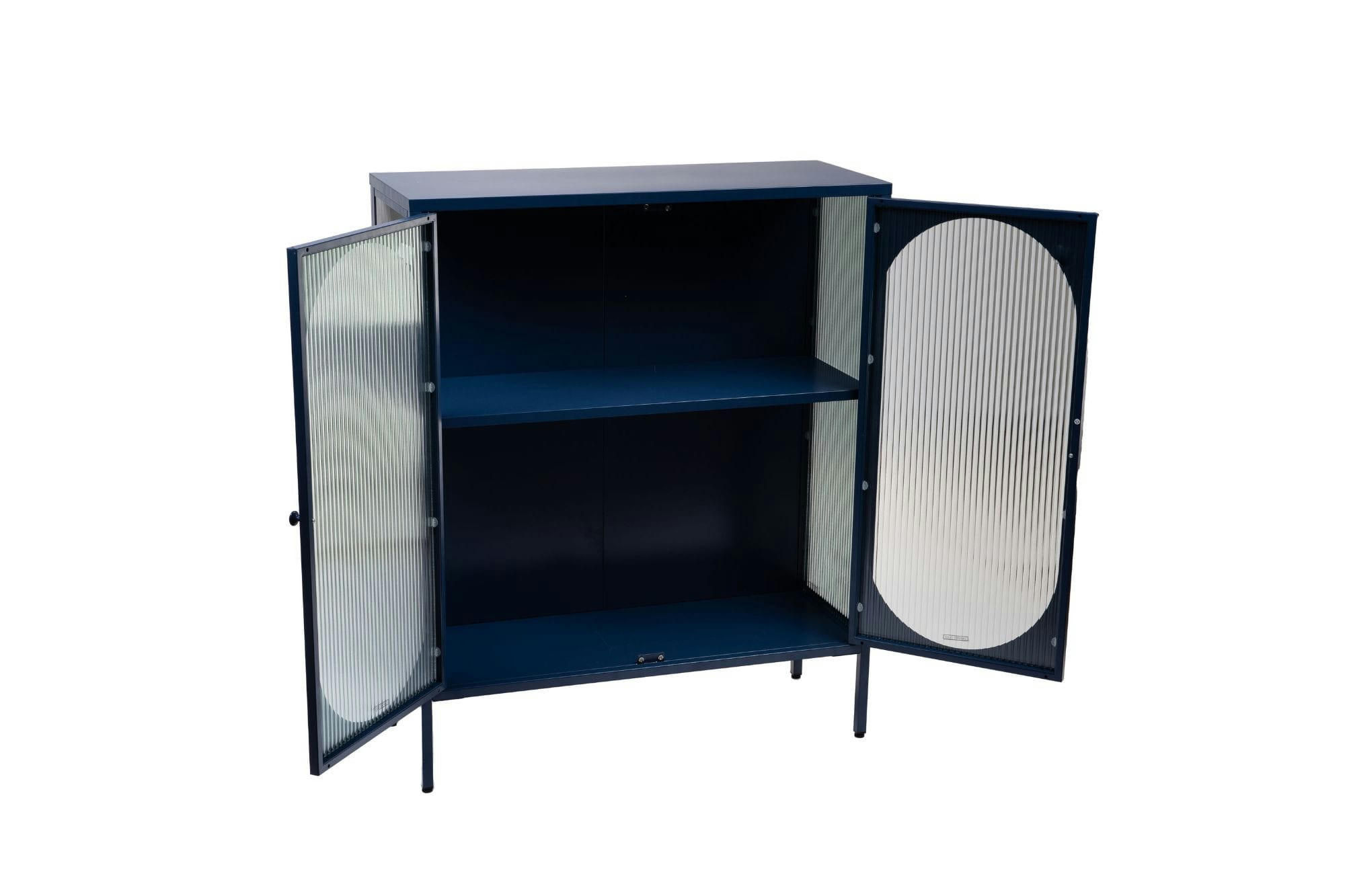 LAZULI - Buffet contemporain en métal bleu et en verre 2 portes