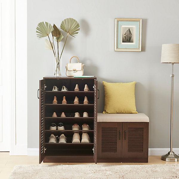 Meuble à chaussures Loeten avec banquette 97 x 120 x 36 cm effet wengé en.casa