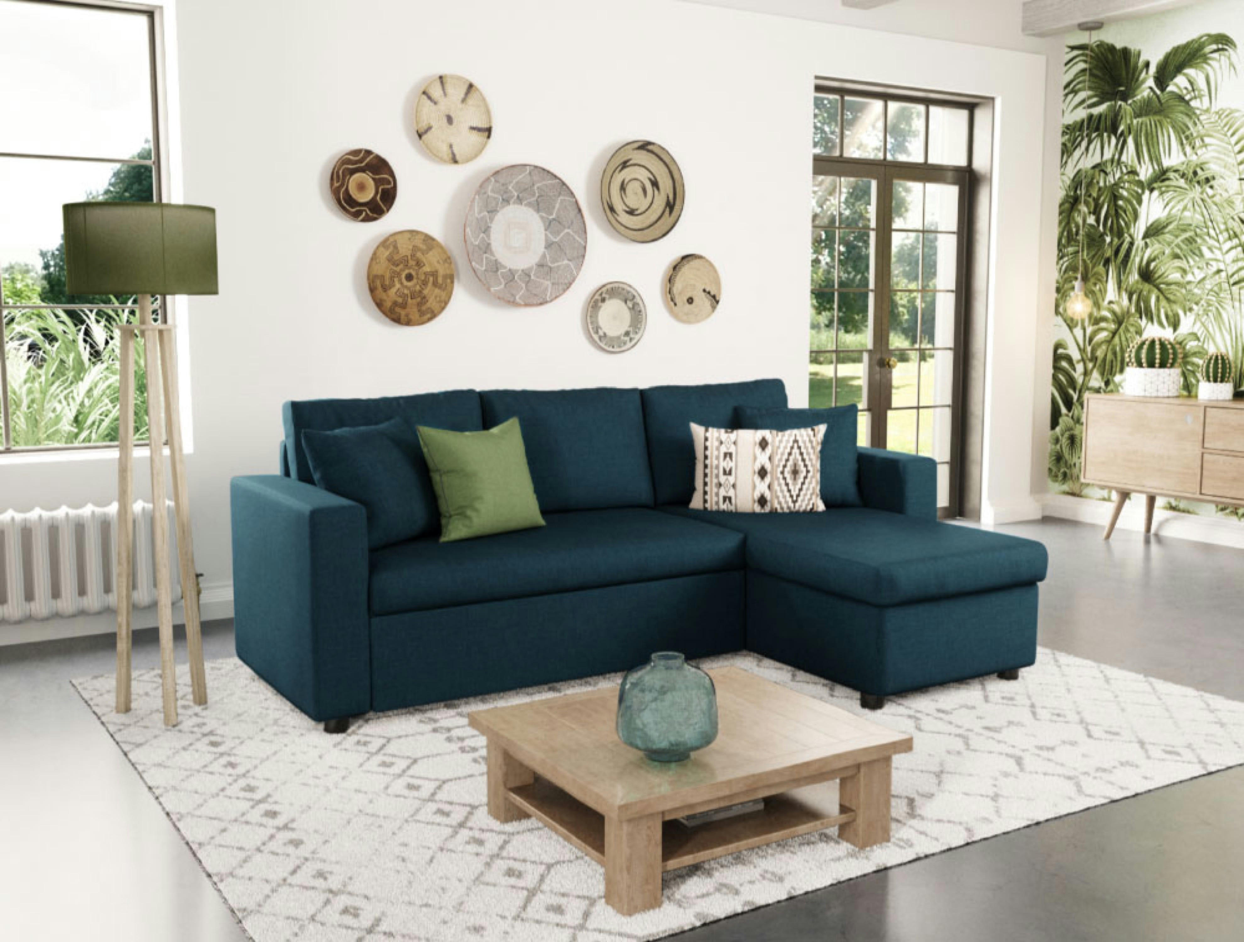 MARIA - Canapé d'angle réversible convertible avec coffre en tissu bleu canard