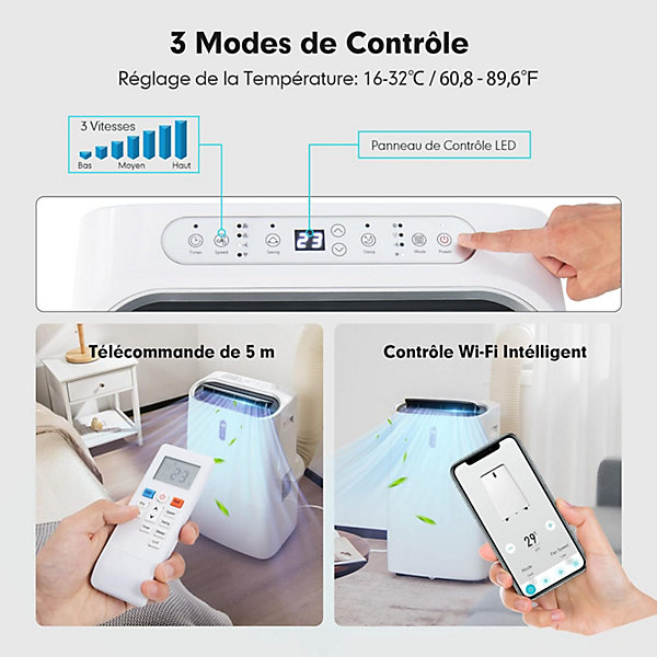 Climatiseur Mobile 16000BTU 35m2 5 en 1 Fonction de Chauffage Refroidissement Minuterie 24HContrôle Télécommande Ecran APP