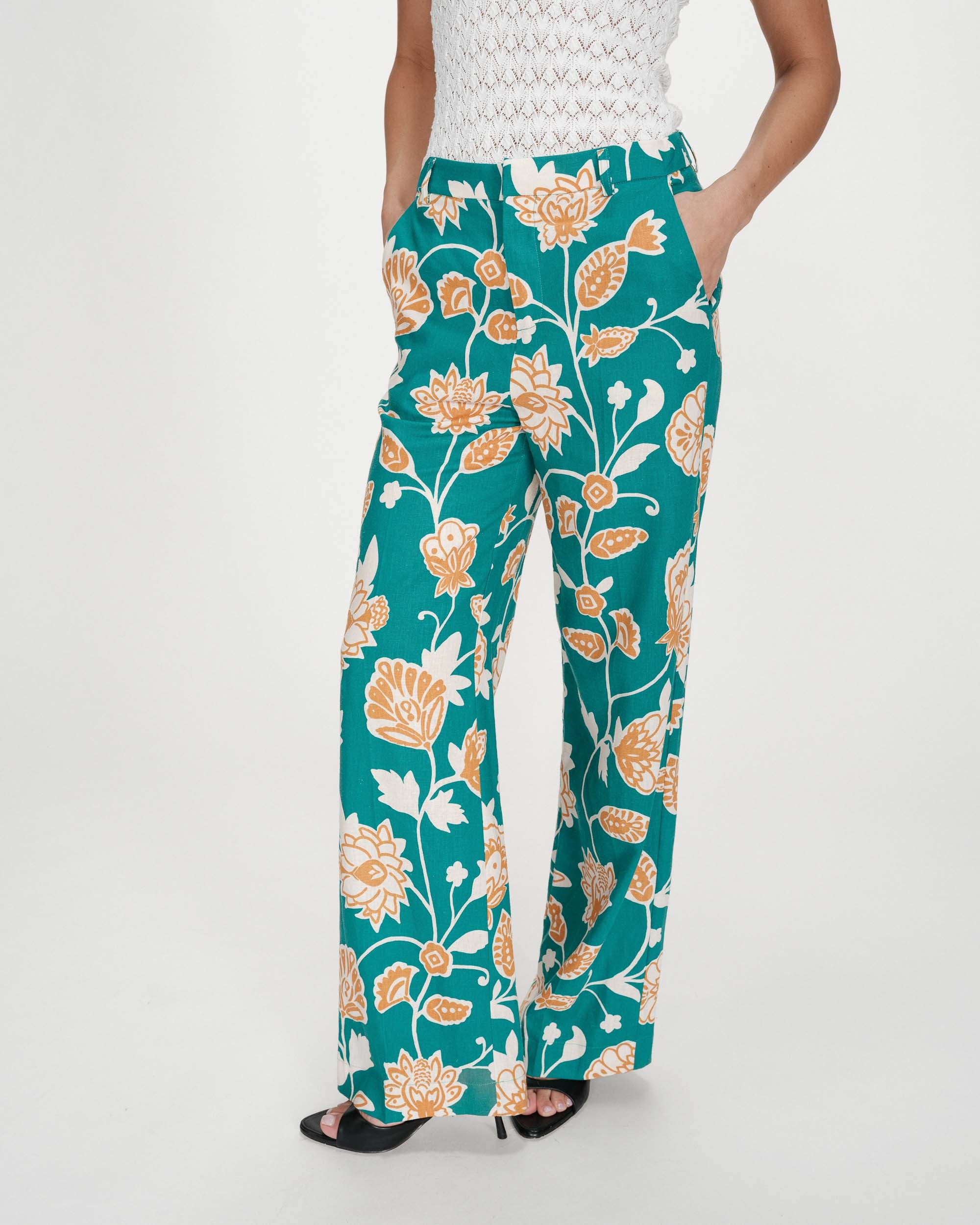 Pantalon à motif floral jambe large vert Varino