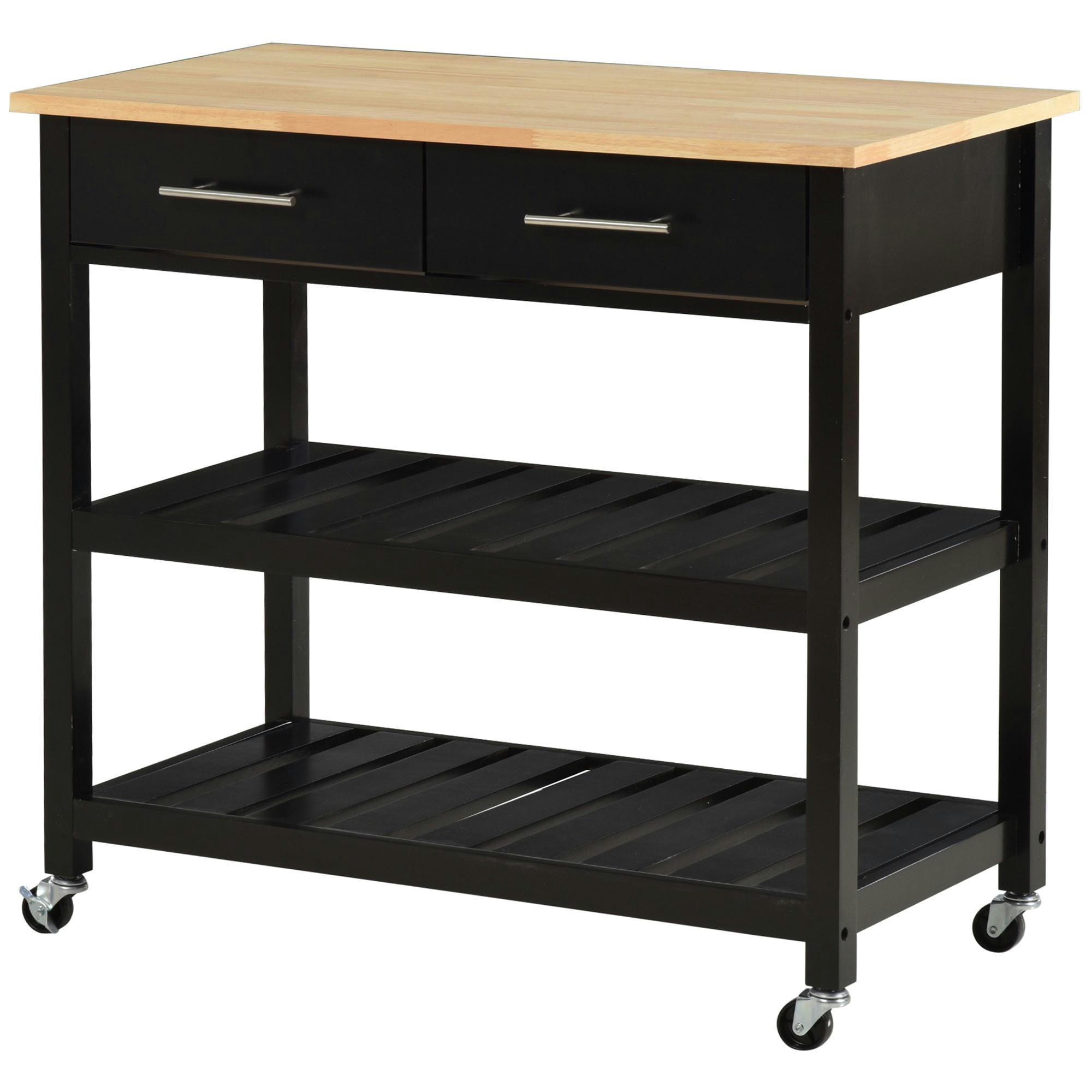 - Desserte de cuisine à roulettes 2 étagères 2 tiroirs noir bois naturel