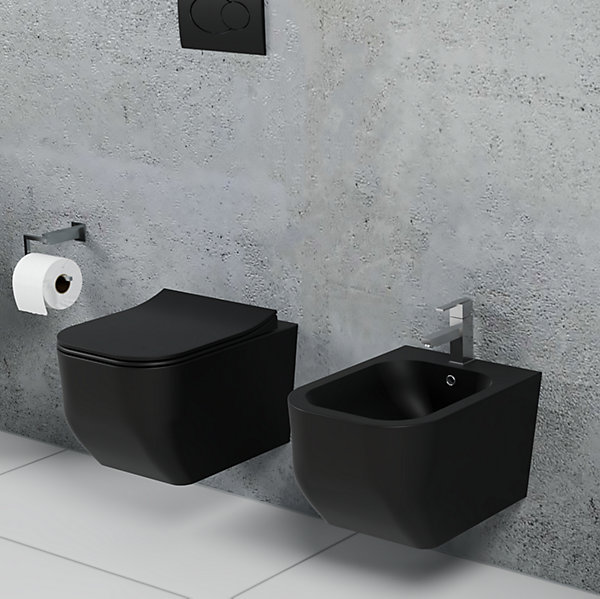 Couple de sanitaires suspendu Rimless sans bride, gamme New Edge de couleur noire mat avec abattant soft-close inclus