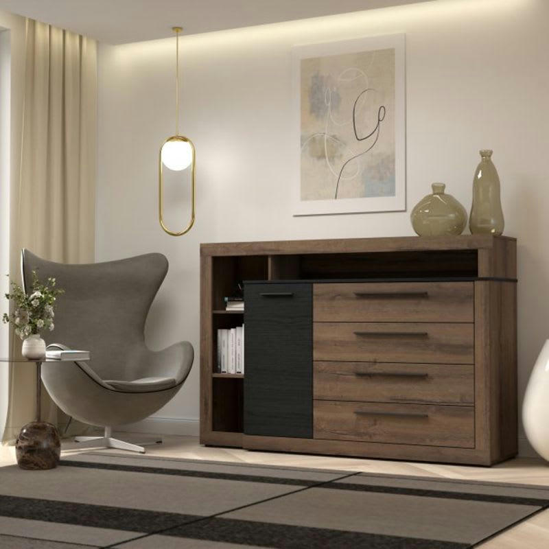 RIVIERA - Commode 4 tiroirs 1 porte décor chêne foncé et noir