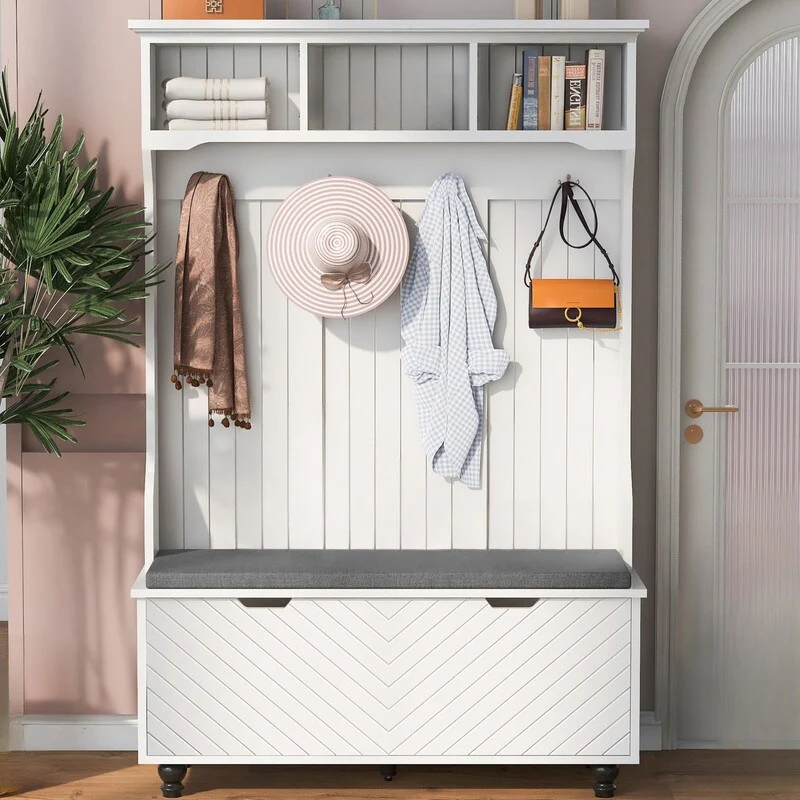 Bench with Coat Rack and 4 Sturdy Hooks, 47.2W Hall Tree for Hallway, Entryway, Living Room