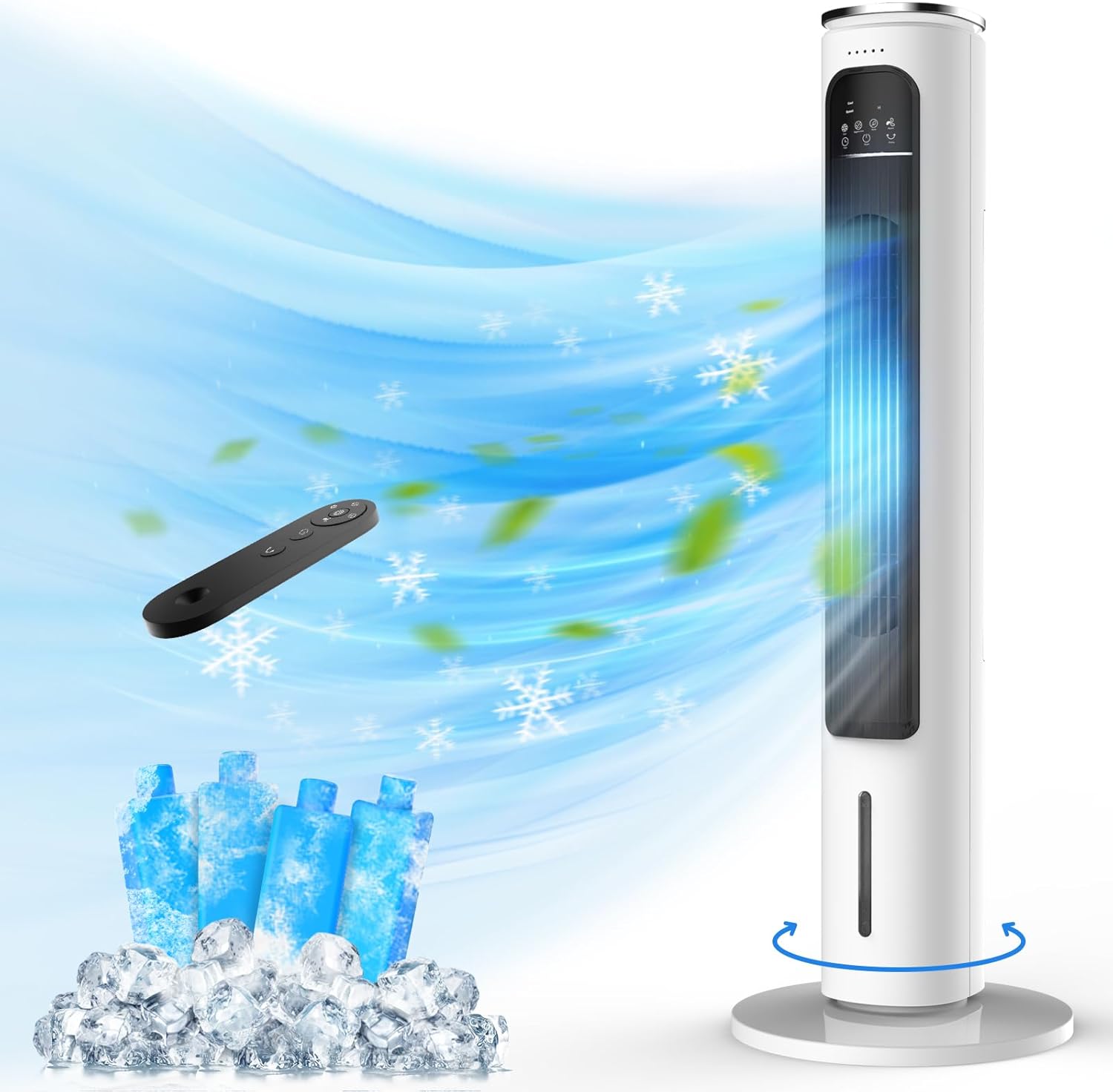 Windowless Portable Air Conditioners, 37.7’’ Evaporative Air Cooler w/Remote, Cooling Tower Fan, 2.5L Water Tank & Ice Packs, 12H Auto-off, 70° Oscillating, Ultra-Quiet Standing Fan For HomeOffice