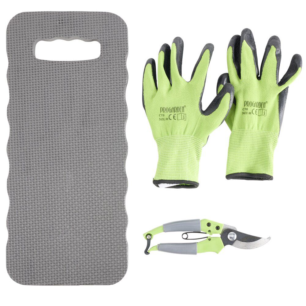 Set outils jardinage x3 coussin, gants, sécateur métal et plastique bleu et vert