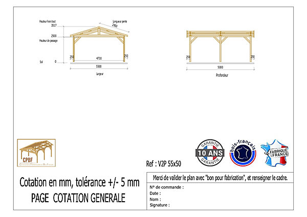 Carport 2 pentes 550 cm x 500 cm, bois DOUGLAS Français(Charpente en bois-auvent-abri voiture),28m². Garantie 10 ans
