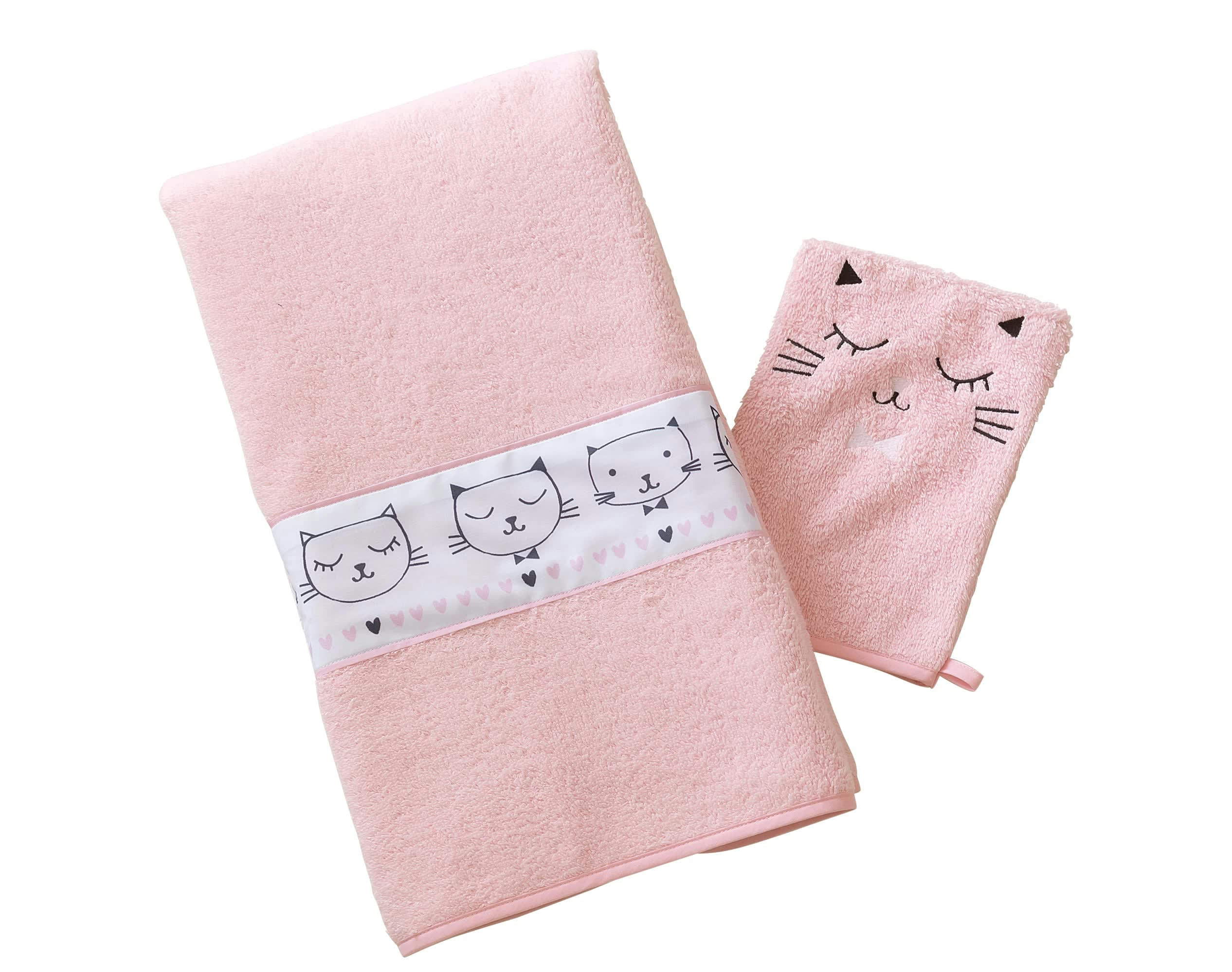 RENATO - Lot serviette de bain enfant et gant de toilette rose 50x90 en coton