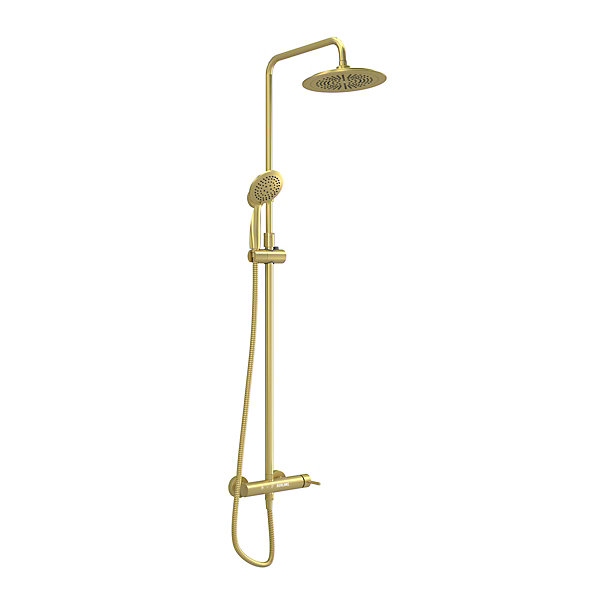 Colonne de douche mécanique avec pommeau   douchette 2 jets   flexible   barre réglable, doré brossé, Galedo Arty