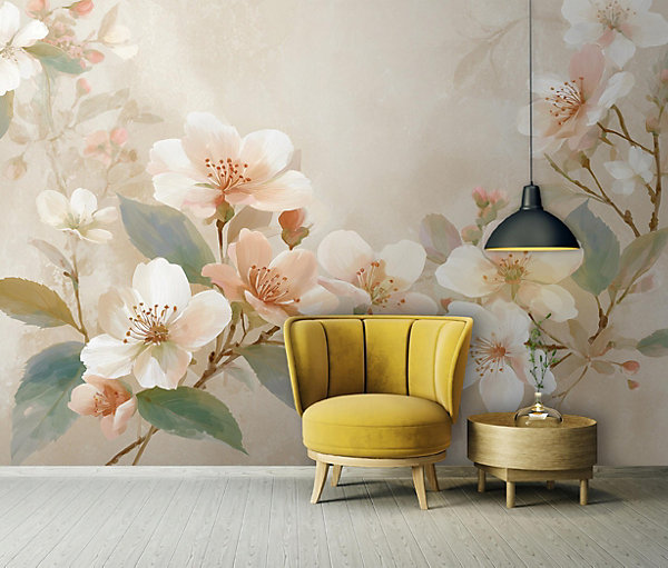 Papier Peint Panoramique Intissé Fleurs Béton Beige - 350x250 cm - Papier Peint Chambre et salon