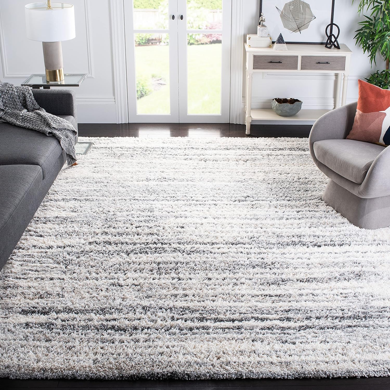 SAFAVIEH Fontana Shag Collection Area Rug - 9' x 12', Ivory & Grey, Modern Design, Non-Shedding & Easy Care, 2-inch Thick Ideal for High Traffic Areas in Living Room, Bedroom (FNT850A)