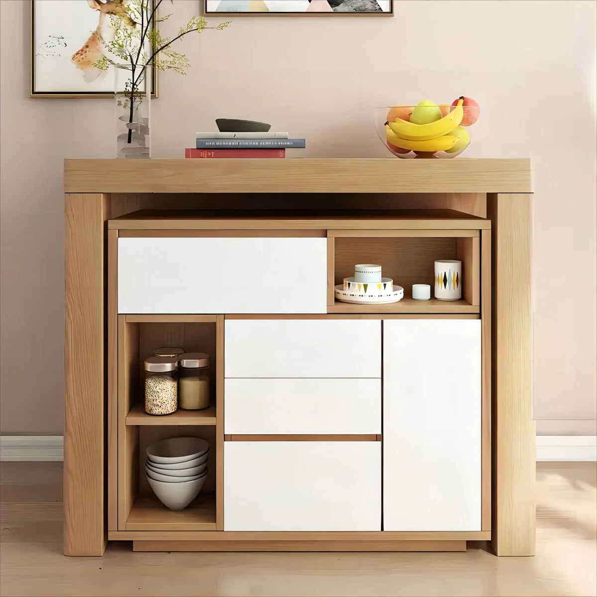 Home Furniture Storage Glass Side Cabinet Wood Expandable Dining Table