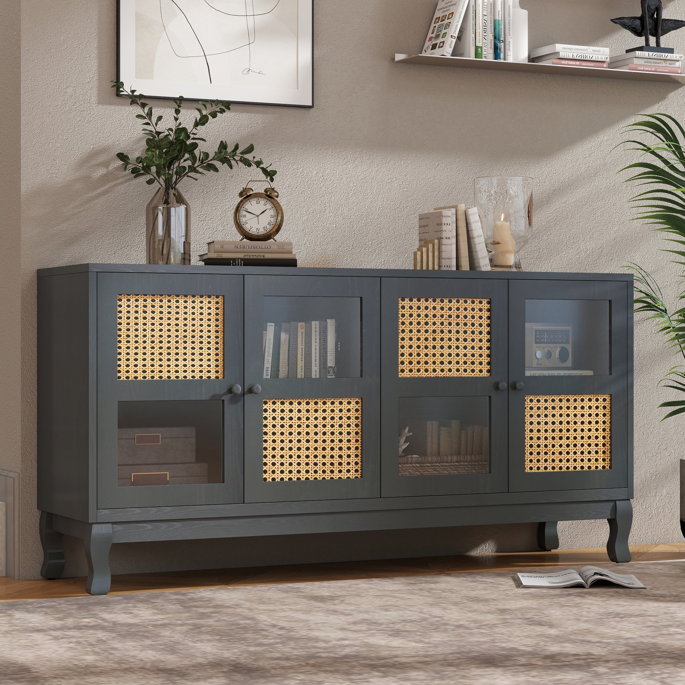 Sideboard with Rattan Doors and Transparent Glasses