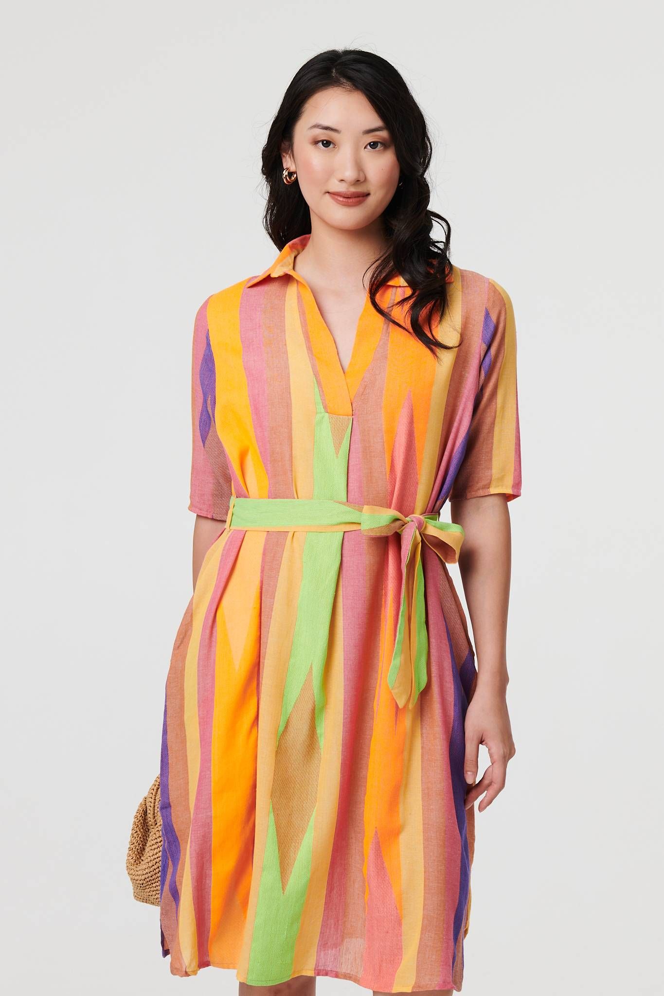 Izabel London Striped Knee Length Tie Waist Dress