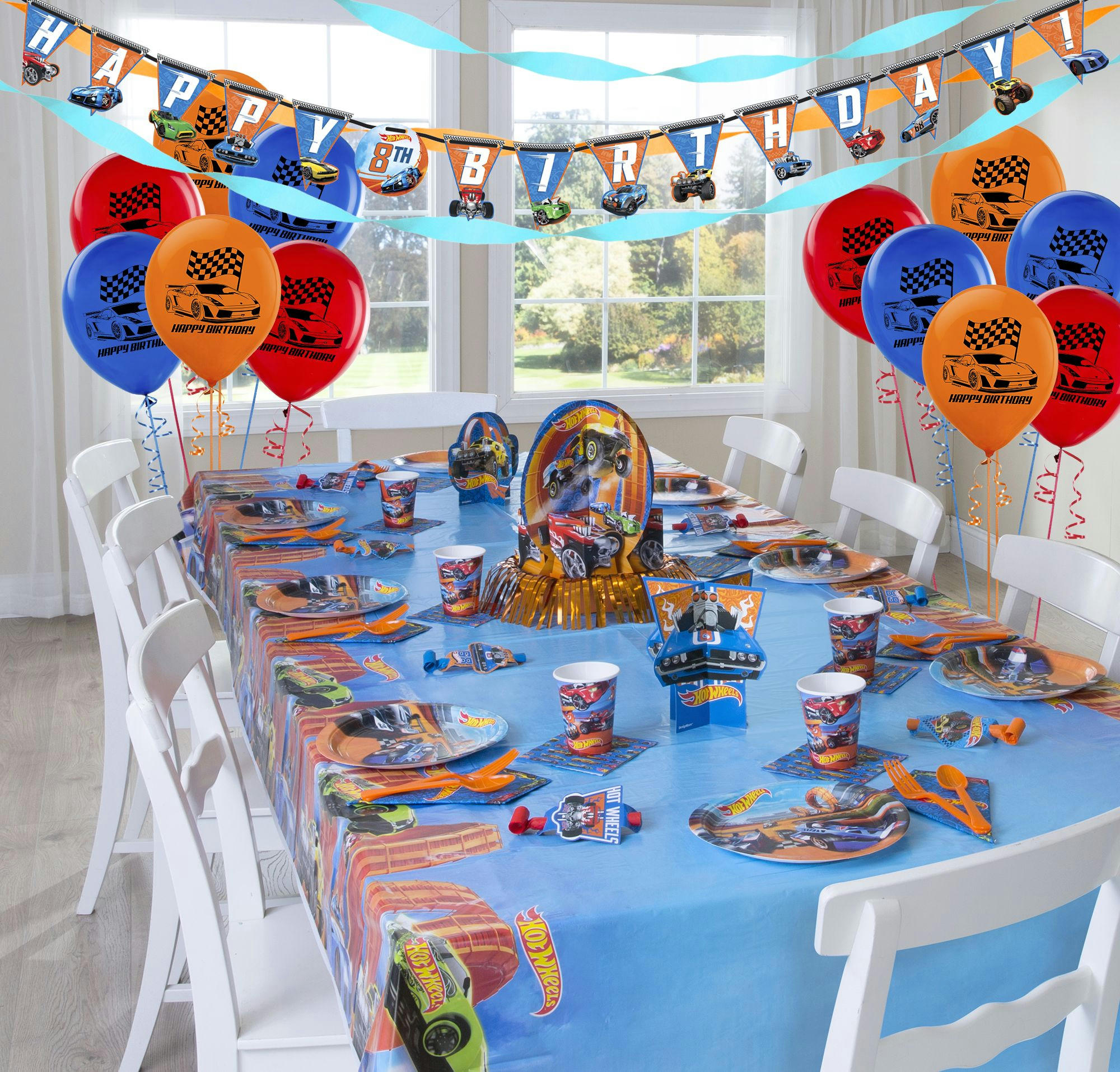 Mattel Hot Wheels Round Paper Disposable Lunch Plates,Orange/Blue, 9-in, 8-pk, for Birthday Party