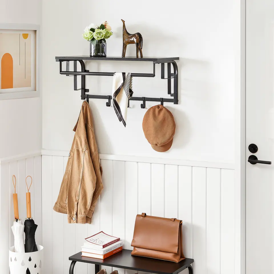 Kapstok met Plank - Hangende Wandkapstok - 66cm - Zwart