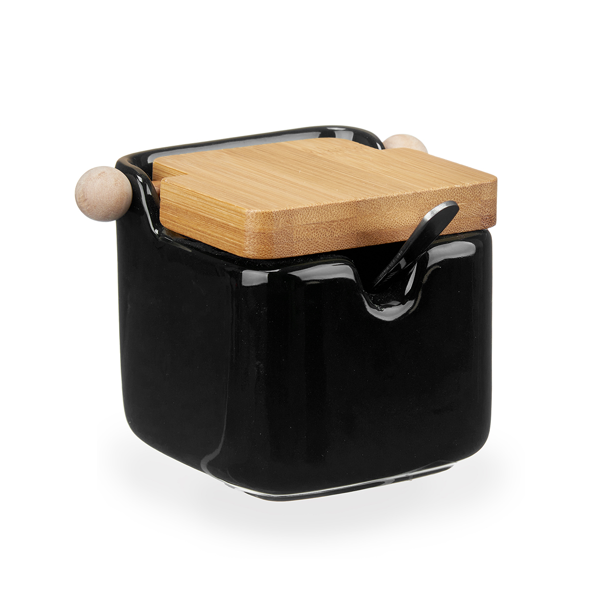 Açucareiro preto em cerâmica com tampa em bambu 190ml