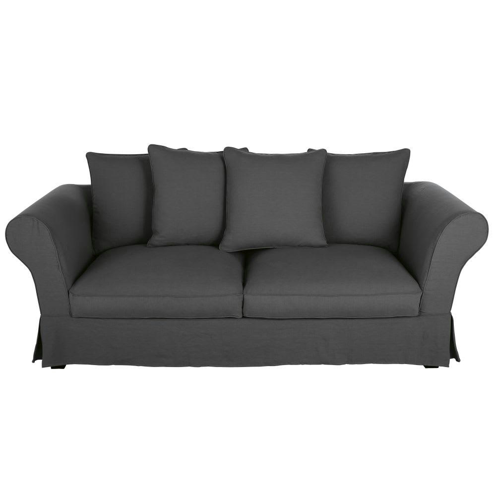 Roma - Housse de canapé convertible 3/4 places (12 cm) en lin froissé gris anthracite