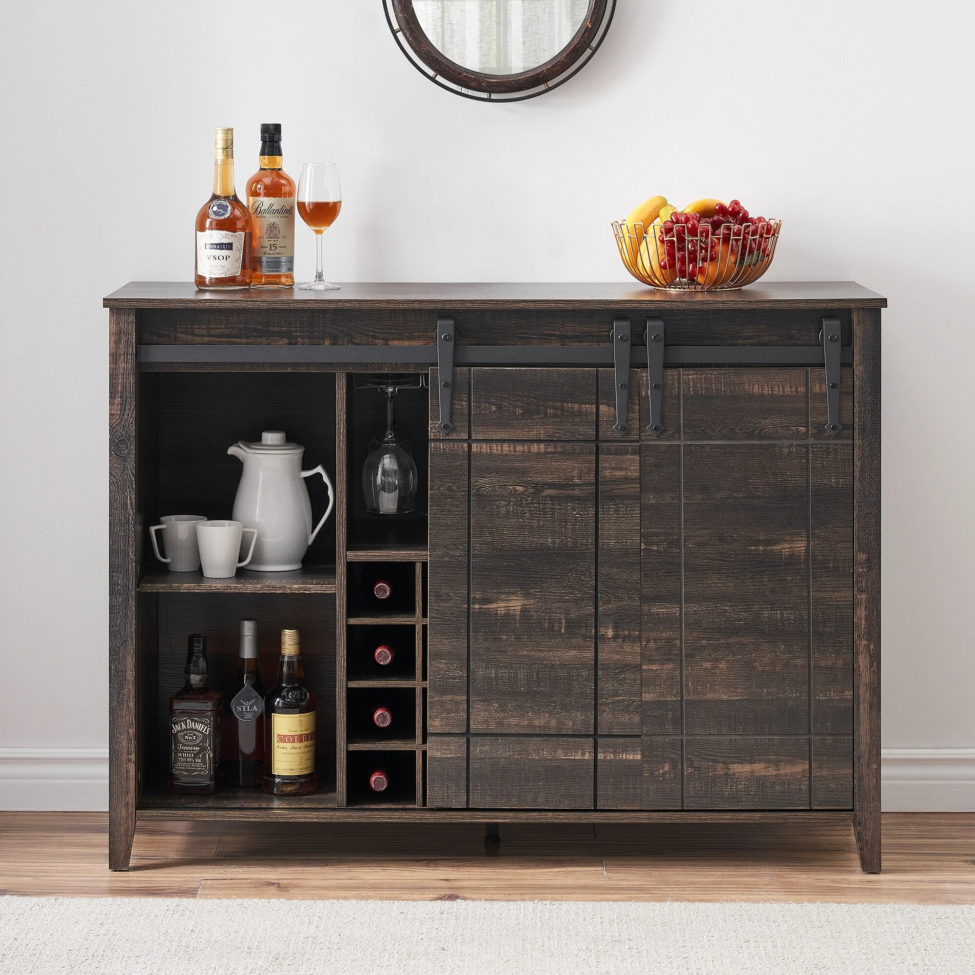 Farmhouse 47'' Wine Bar Cabinet Buffet Sideboard Cabinet with 16 Bottle Wine Rack - 15.7D x 47.2W x 34.61H