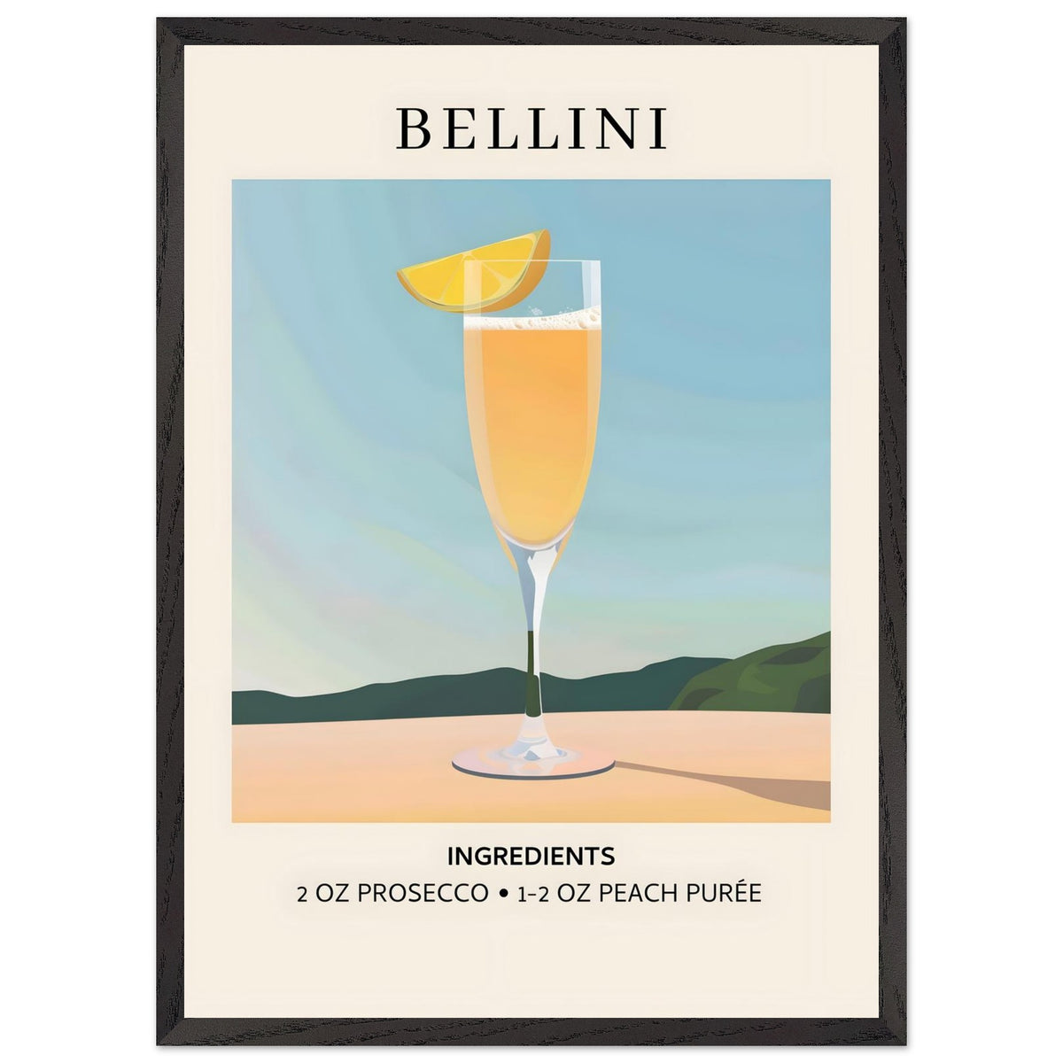 Artfulprints Poster met Lijst Bellini cocktail - Ingrediënten  - 50x70 cm - Geel