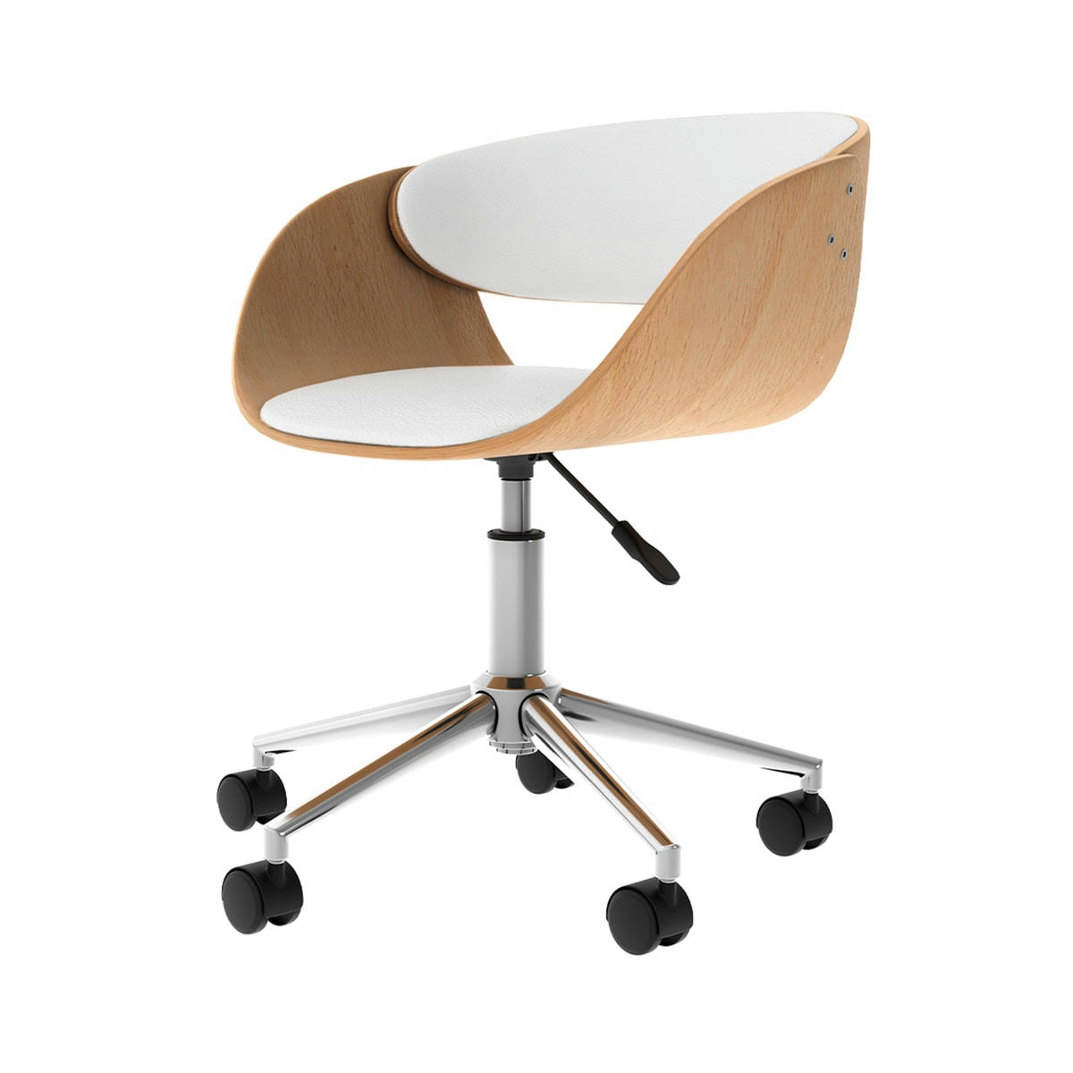 ADELMAR - Chaise de bureau pivotante sur roulettes en bois et PU blanc