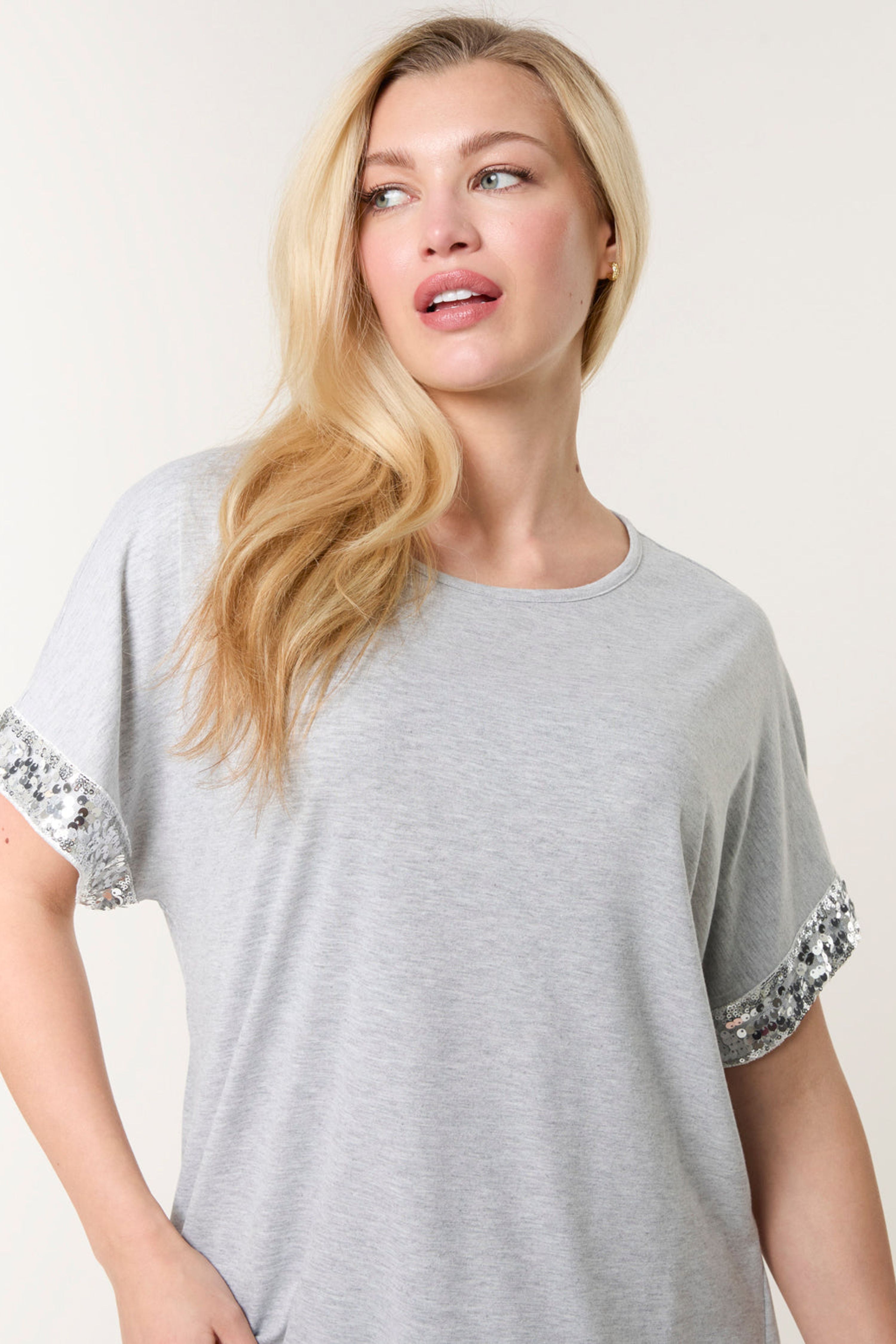 Blue Vanilla Grey Sequin Trim Oversized Top