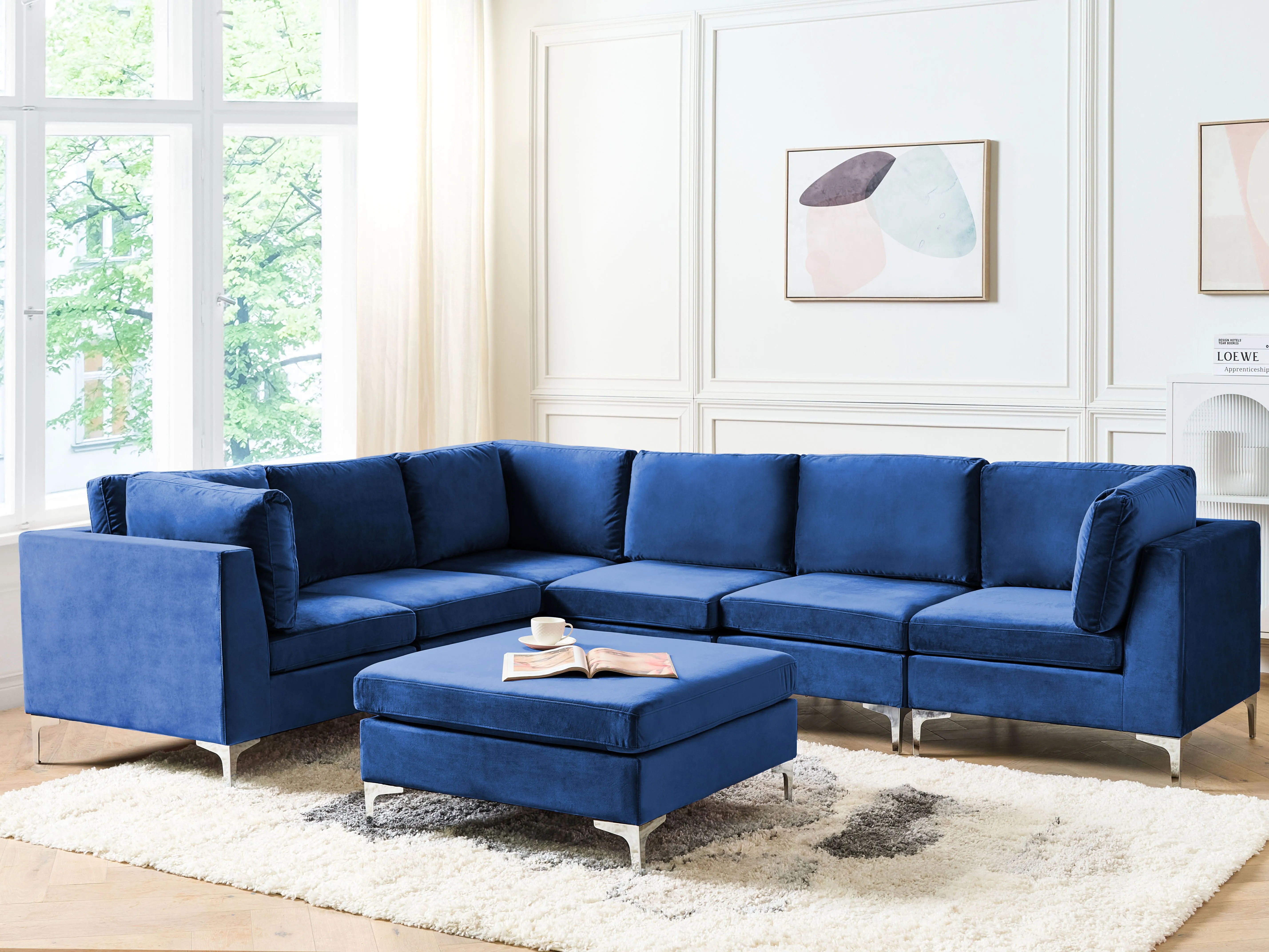 Modular Corner Sofa 6 Seater EVJA Velvet Navy Blue with Ottoman Right Hand