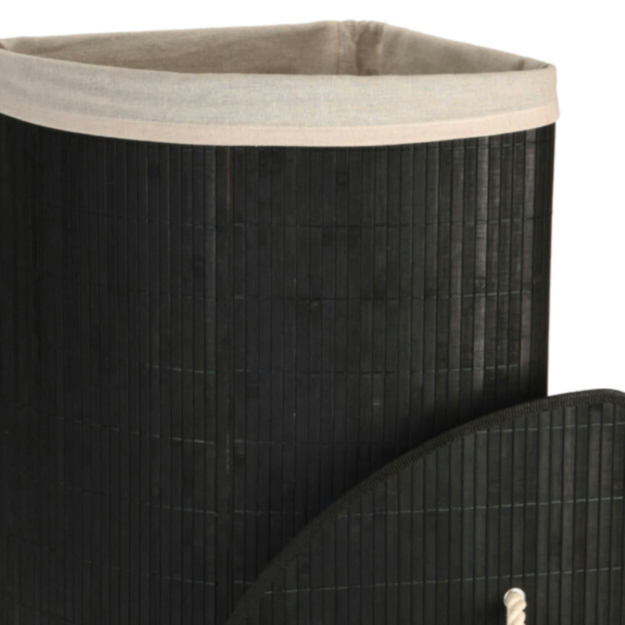 - Panier à linge d'angle noir en bambou et intérieur amovible en coton