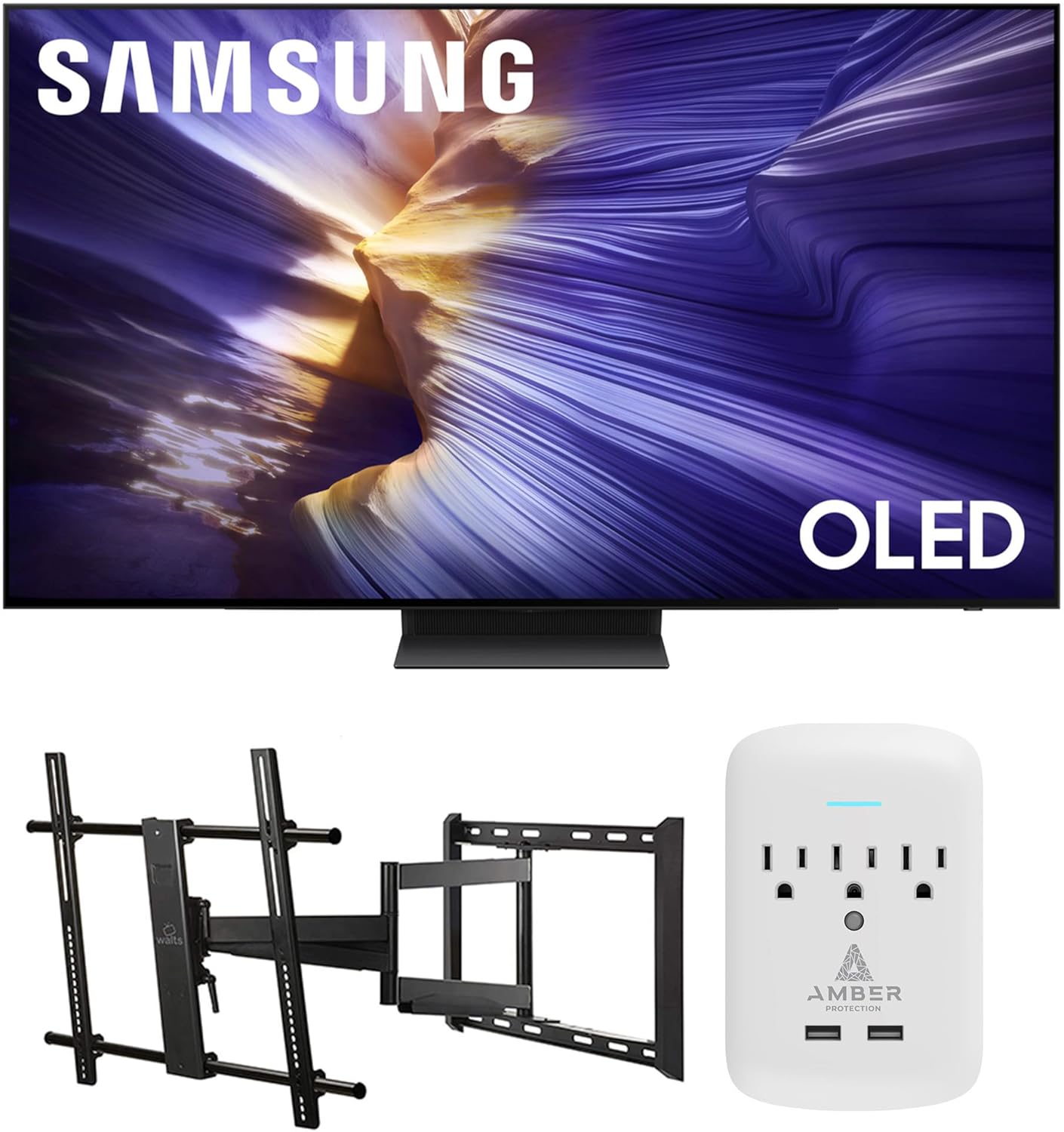 Samsung QN55S90FAFXZA 55 Inch 4K OLED Smart TV with a Walts Large/Extra Large Full Motion Mount for 43-90 TVs and Amber Protection 3-Outlet-Surge Surge Protector (2025)