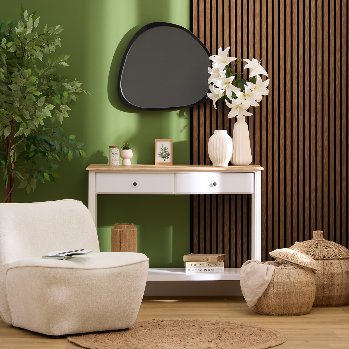 Decorative wood slat panel "Colva" Walnut effect, black background, 120x60 cm