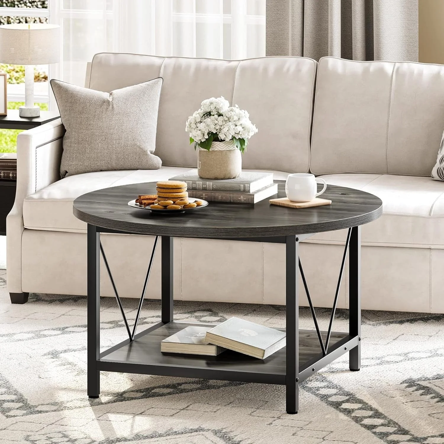 Moasis Industrial 2-Tier Round Coffee Table with Shelf