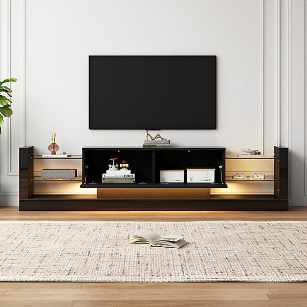 Meuble TV 181x38x38 cm laqué noir avec façade en verre, 2 tiroirs rabattables et éclairage LED intégré