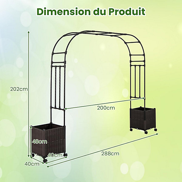 Arche de Jardin avec 2 Jardinières Surélevées, Roues Verrouillables,pour Plantes Fleurs Herbes Légumes Fruits (288x40x202CM)