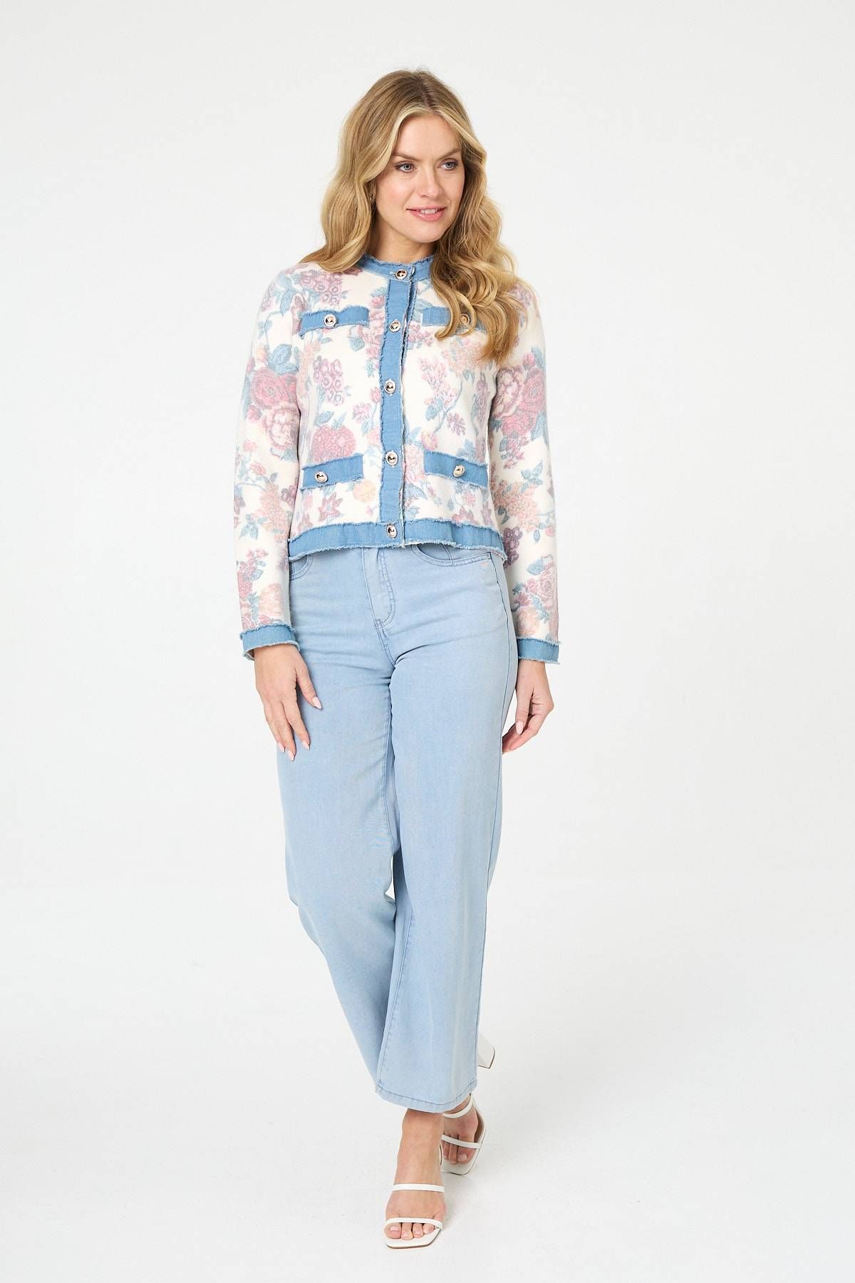 Izabel London Floral Denim Trim Button Detail Jacket