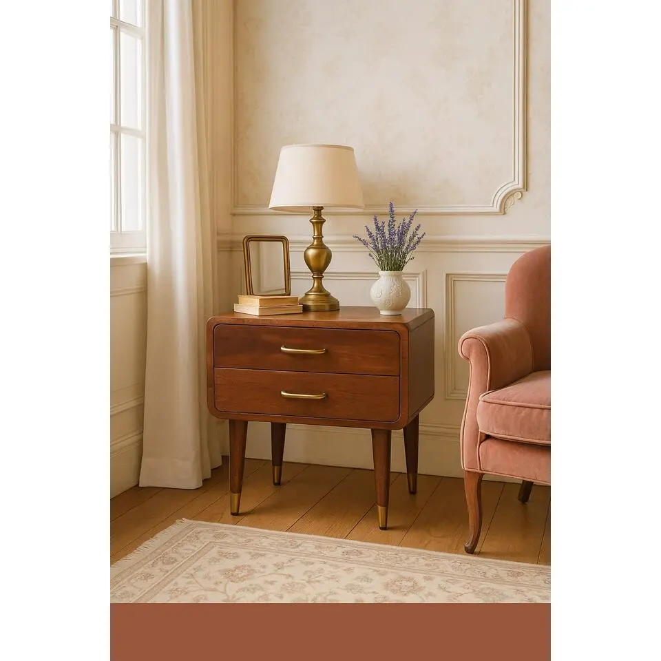 Massief Hout Astor Nachtkastje, 2 Lades, Donkerbruin