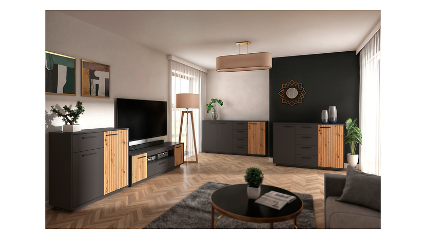 Komoda Lukas 139 cm z 2 drzwiami i 4 szufladami antracyt/dąb artisan