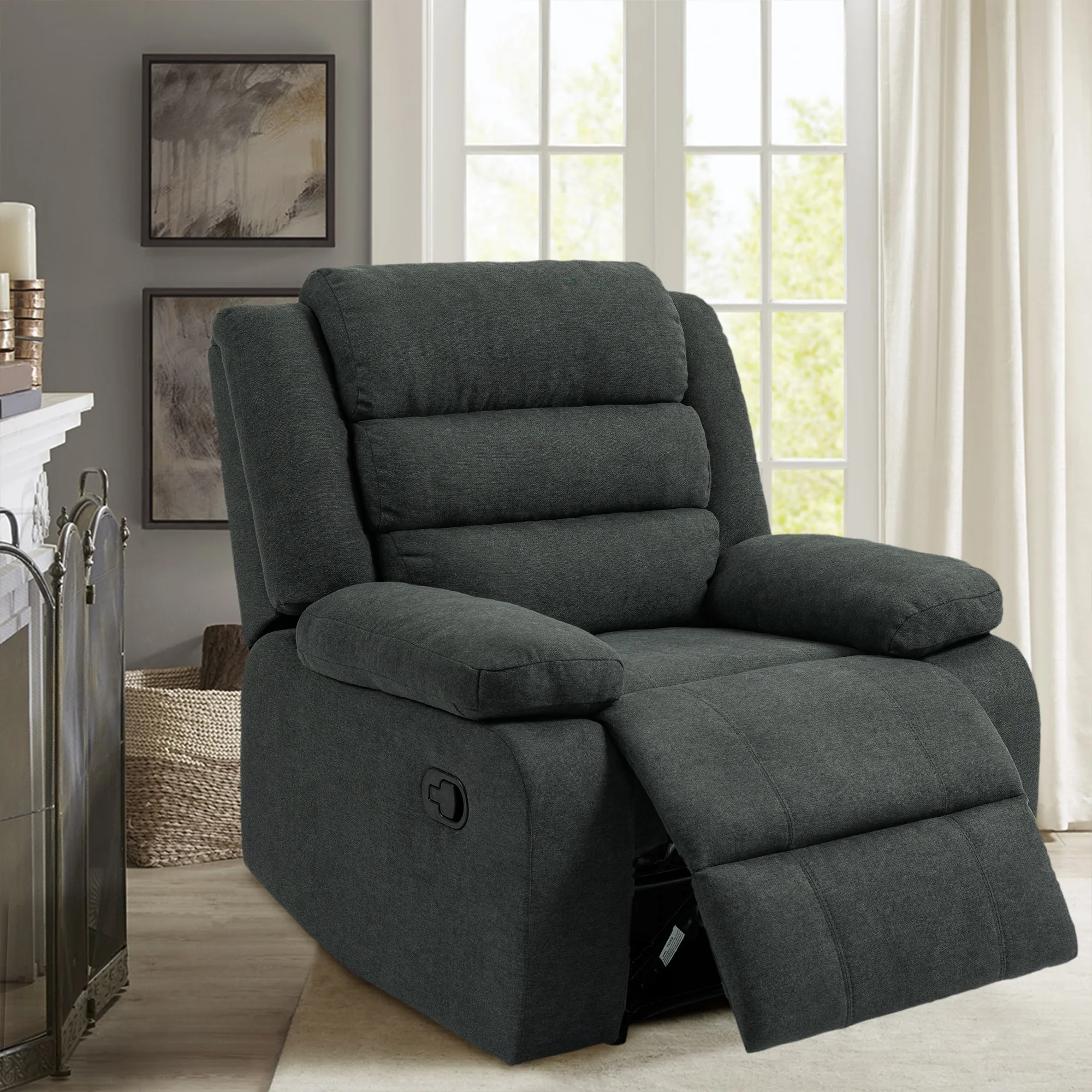 Overstuffed Cotton Corduroy Manual Pushback Recliner with Wide Armrest