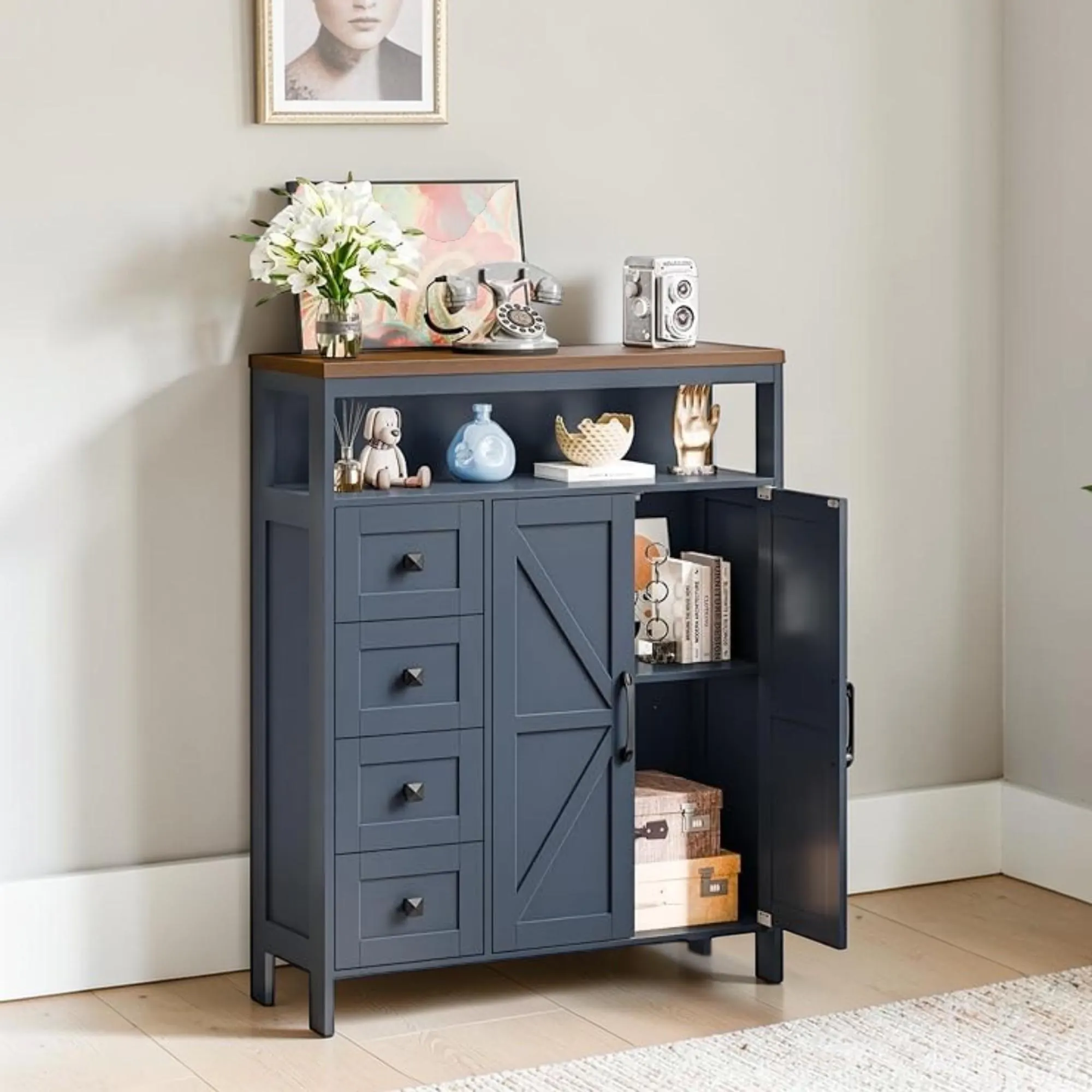 Blue Farmhouse Storage Cabinet Rustic Pantry Cupboard with Drawers Shelves