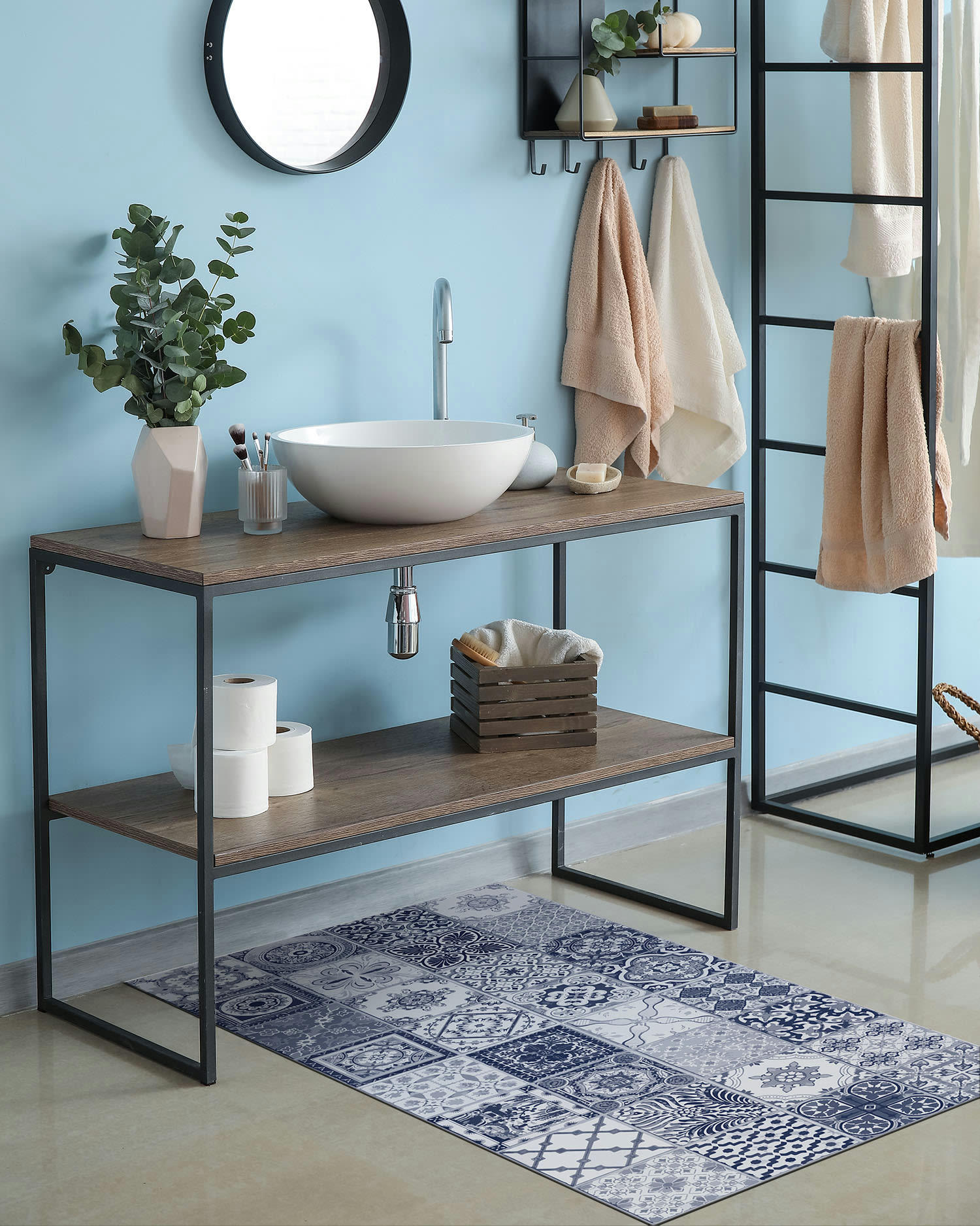 - Tapis vinyle carreaux ciments nijar bleu 120x160cm