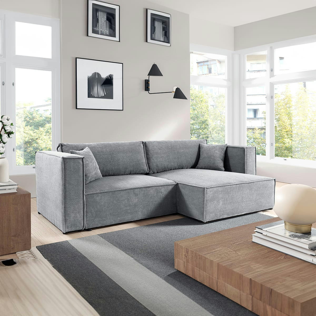 - Canapé d'angle réversible convertible 3 places velours côtelé gris