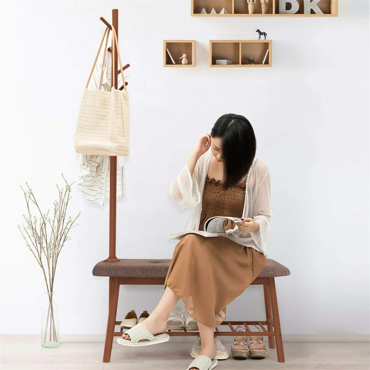 Bamboo Entryway Coat Rack Shoe Bench with 5 Hooks 3 in 1 Hall Tree