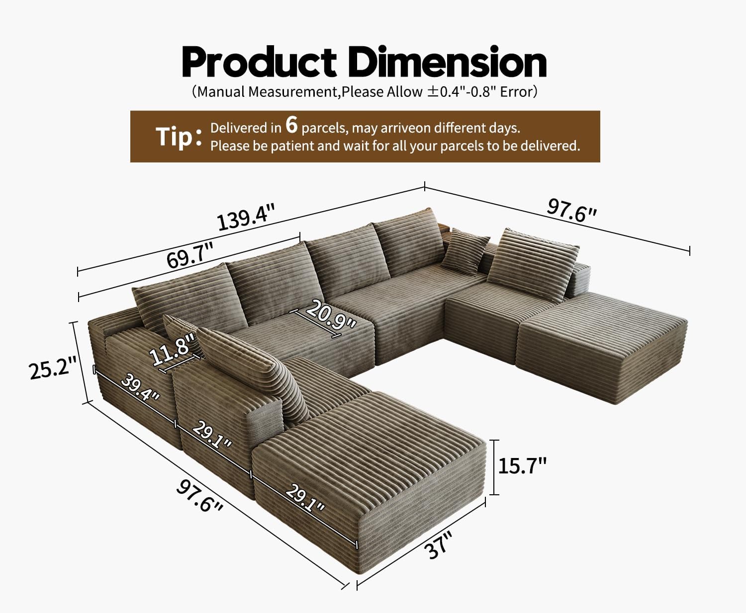 139.4 Modular Sectional Sofa Couch, Oversized U-Shaped Minimalist Couches with 2 Ottomans Chaise and 2 Middle Seats, Modern Deep Seat Cloud Plush Corduroy Sofas Set for Living Room, 8 Seater, Camel