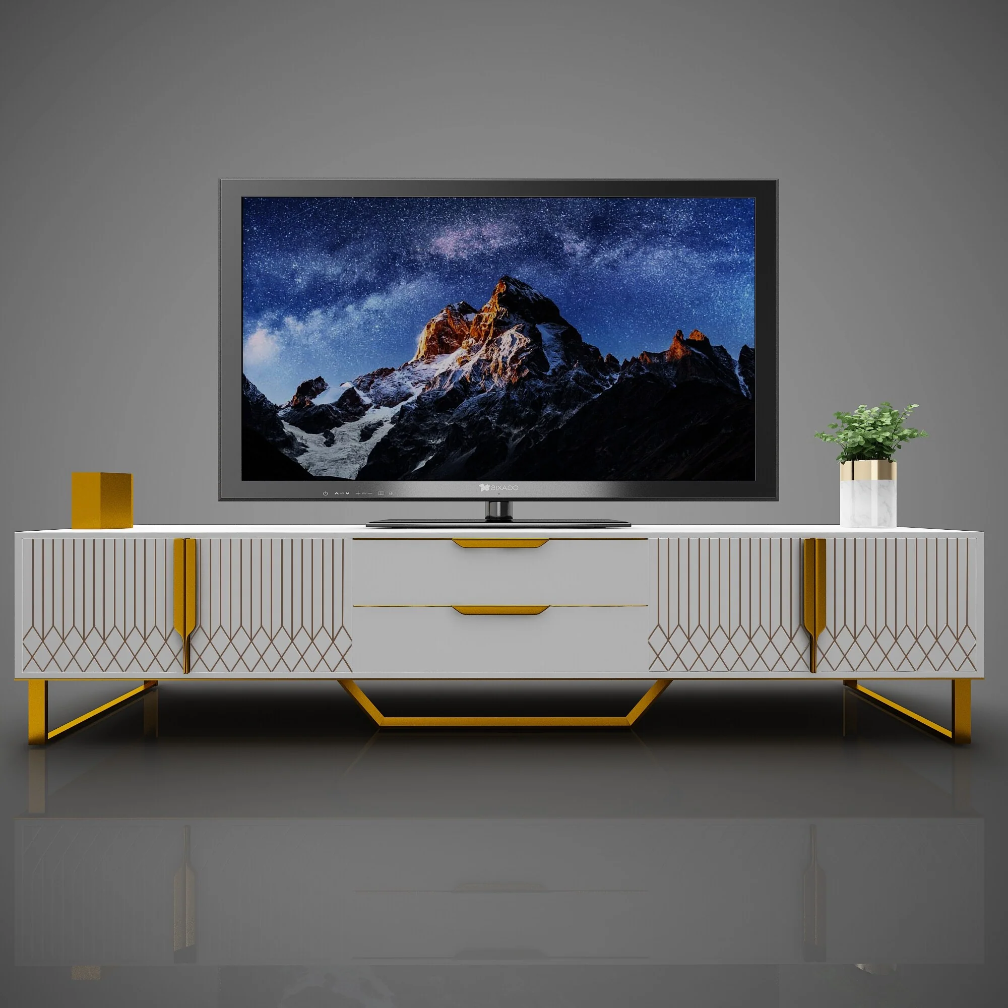 Modern TV Console with Ample Storage and Elegant Carved Design - Sturdy Metal Legs for Stability