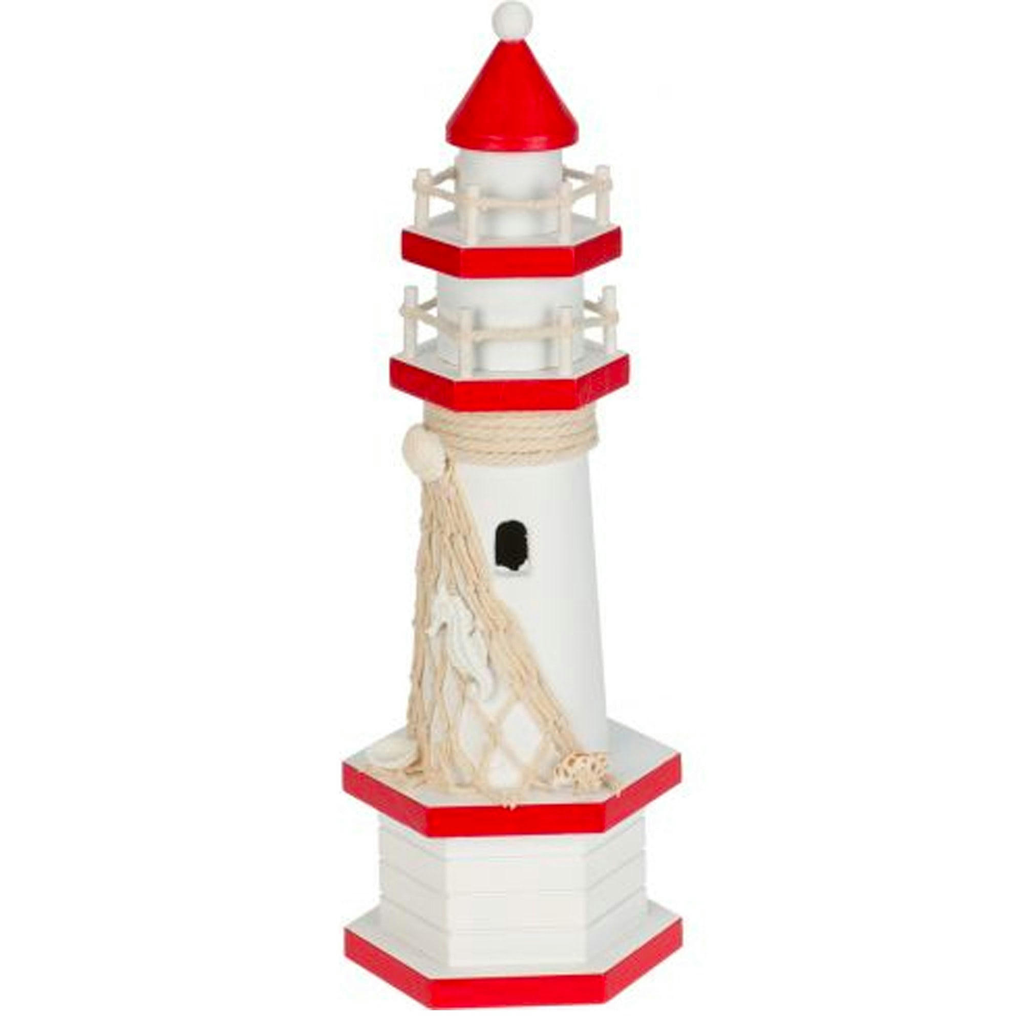 - Décoration phare en bois rouge et blanc 9x9x28cm