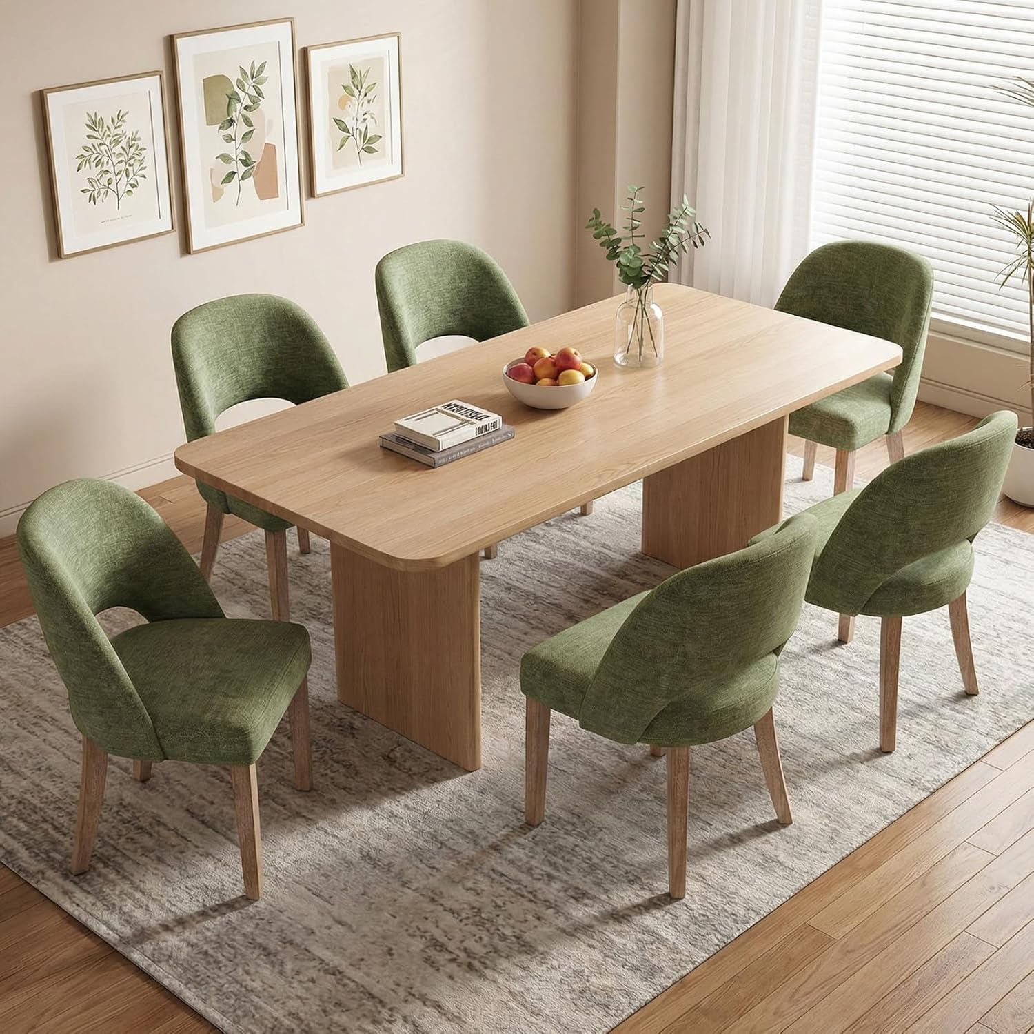 Wooden Dining Chairs Set of 6, Upholstered Modern Chenille Dining Room Chair Kitchen Chairs, Comfy Farmhouse Dinner Chair for Kitchen Dining Room, Green