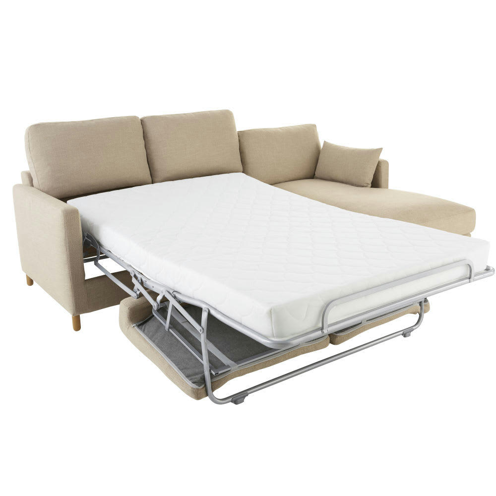 Julian - Canapé d'angle droit convertible 5 places beige, matelas 14 cm