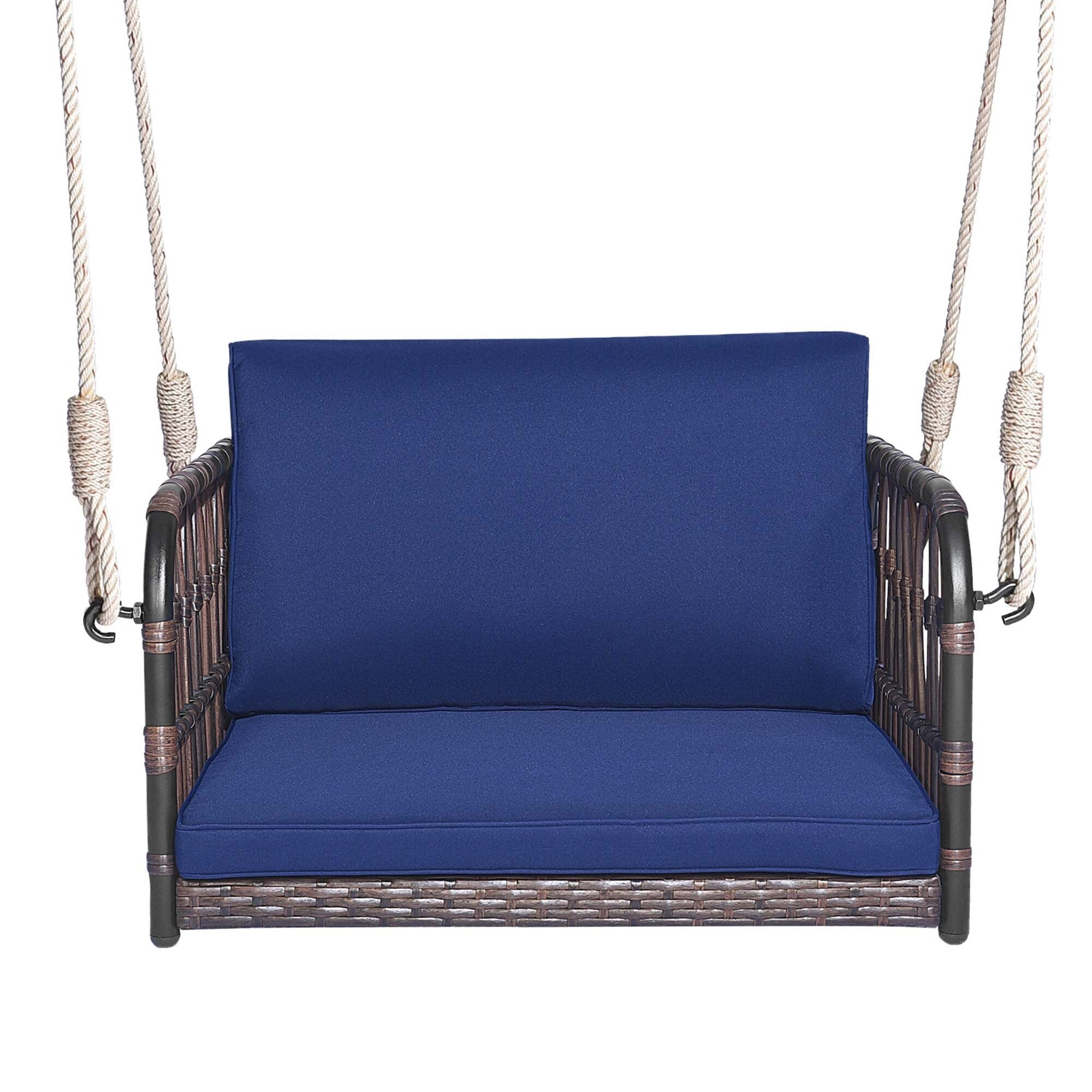 Porch Swing Chair Rattan Hanging Bench Seat w/ Cushions Hooks Balcony
