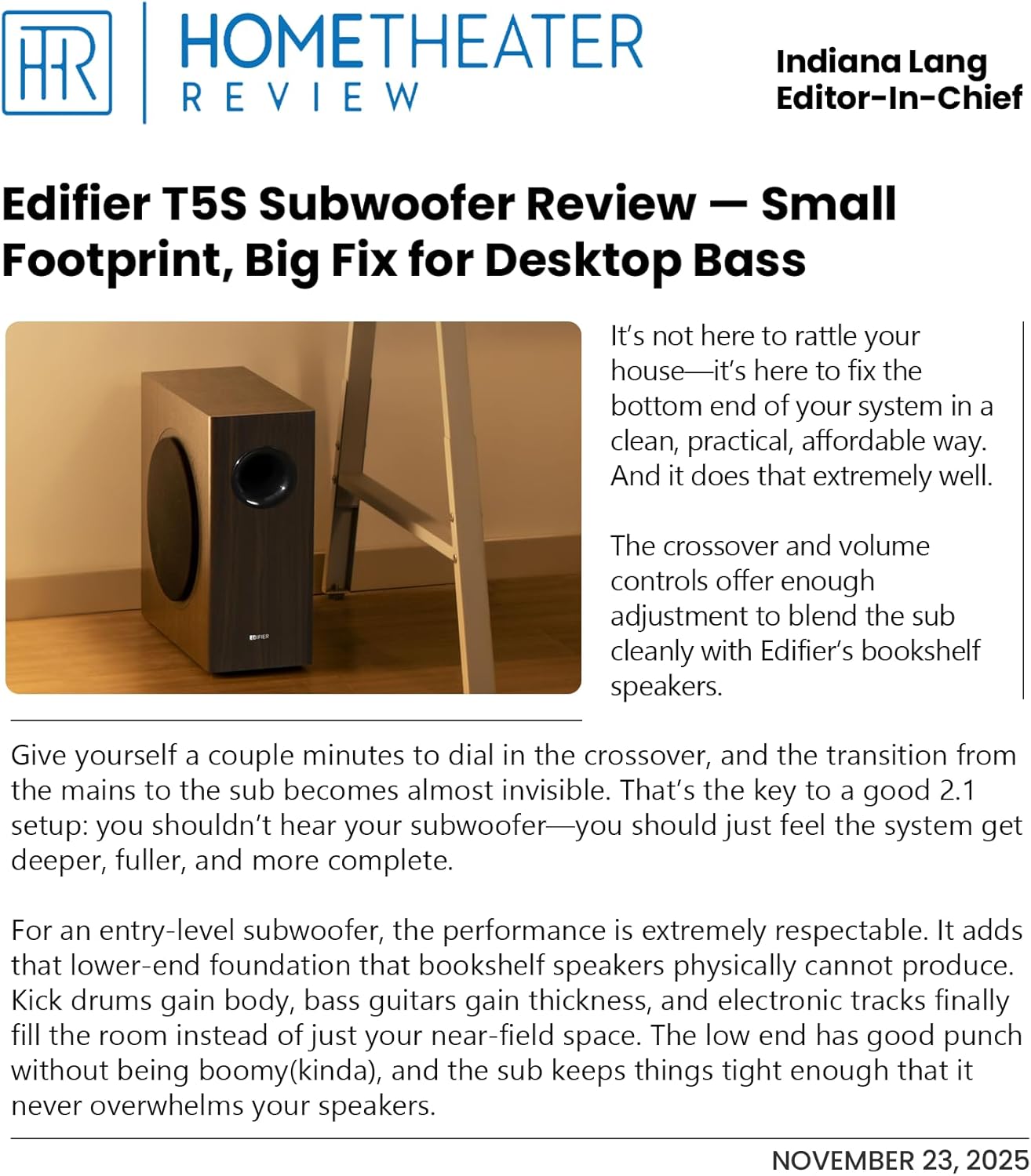 Edifier T5s Powered Active Subwoofer with 70W RMS, 8 Long-Throw Woofer, Deep Bass (35Hz) Speaker, Built-in Amp, Low Distortion, Phase Selector & Energy-Efficient for Home & Studio Audio, Black