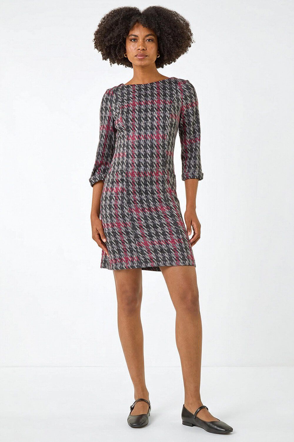 Roman Houndstooth Pocket Shift Stretch Dress
